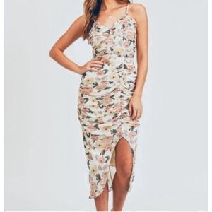 Mable Floral Print Ruched Bodycon Dress Spaghetti Strap Midi Slit - Small